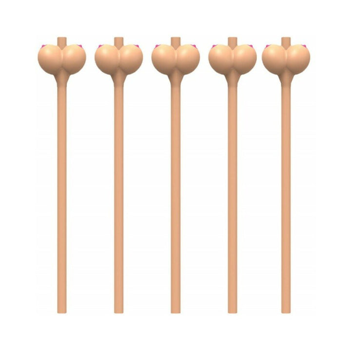 Set of six flesh-colored novelty drinking straws with playful booby-shaped tops.