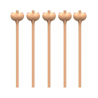 Set of six flesh-colored novelty drinking straws with playful booby-shaped tops.