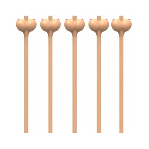 Set of six flesh-colored novelty drinking straws with playful booby-shaped tops.