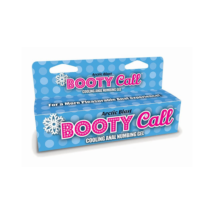 Blue polka dot box of Booty Call Arctic Blast cooling anal numbing gel with snowflake design and bold pink lettering.
