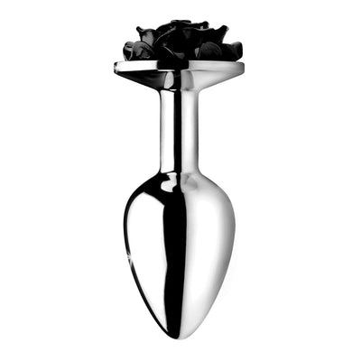 Sleek silver metal butt plug with a decorative black rose design on the base, small size.