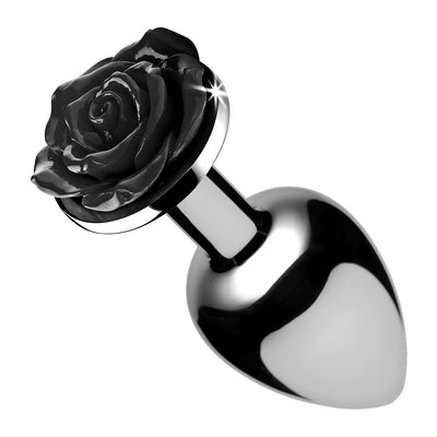 Sleek metal anal plug with a decorative black rose design on the base, polished for a smooth finish.