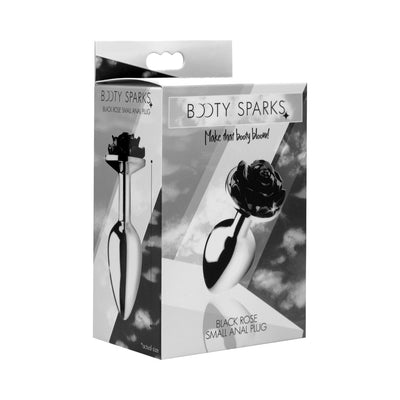 Packaging box of Booty Sparks Black Rose small metal anal plug with decorative black rose top design.