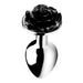 Small silver metal plug with a black rose-shaped top, polished and reflective surface.