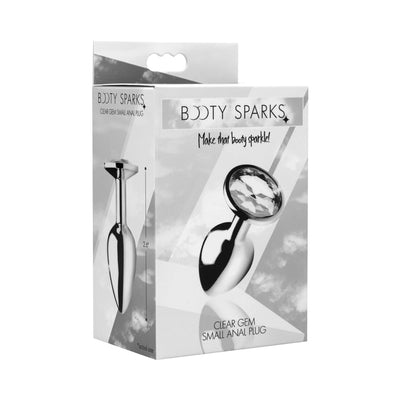 Packaging box of Booty Sparks Clear Gem Small Anal Plug featuring a sleek metal plug with a clear gem base and product dimensions.