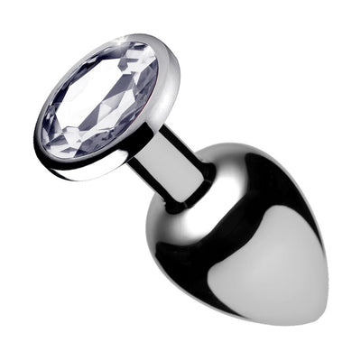 Small silver metal anal plug with a clear faceted gem at the base, smooth tapered design for comfortable wear.