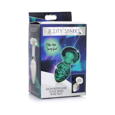 Booty Sparks small glow-in-the-dark glass anal plug in colorful space-themed packaging with product image and branding.
