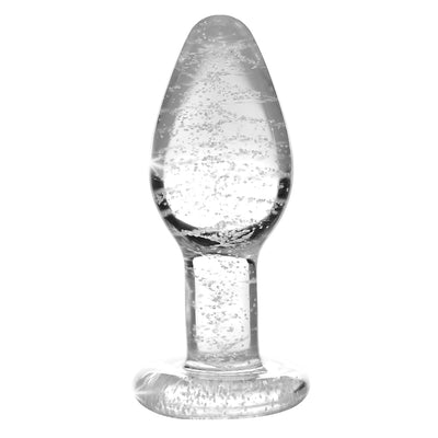 Small clear glass anal plug with embedded bubbles and a flared base, designed to glow in the dark.