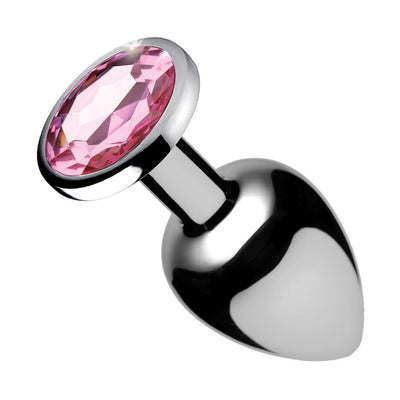 Medium-sized polished metal anal plug with a pink gem at the base, tapered for comfortable wear.
