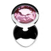Medium-sized silver metal anal plug with a pink gem jewel at the base, smooth and tapered design.