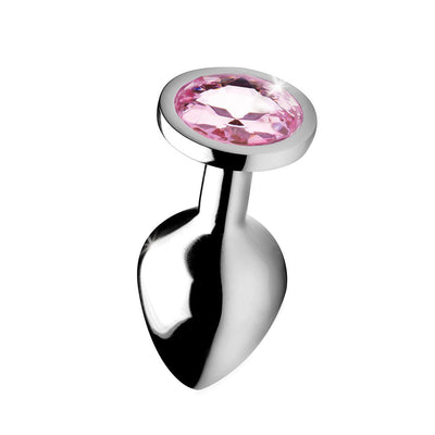 Medium-sized silver metal anal plug with a tapered shape and a sparkling pink gem base.