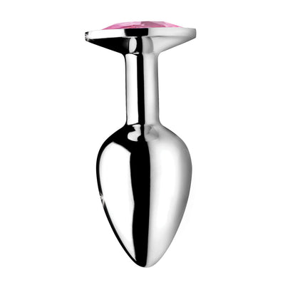 Small silver metal anal plug with tapered shape and pink gem base on white background