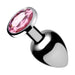 Small silver metal anal plug with a smooth tapered shape and a large pink gem at the base.