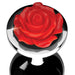 Metal anal plug with a shiny silver base topped with a detailed red rose design.