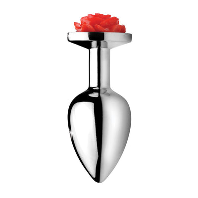 Medium-sized polished metal anal plug with a red rose-shaped decorative end.