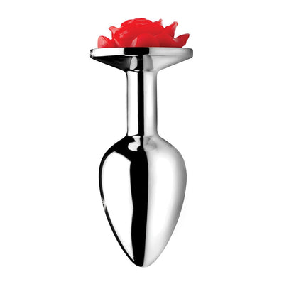 Small silver metal anal plug with a decorative red rose flower at the base, polished smooth finish.