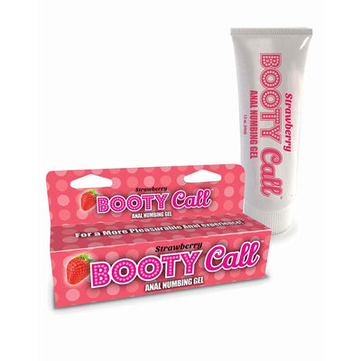 Bootycall Strawberry flavored anal numbing gel tube with matching pink polka dot box packaging.