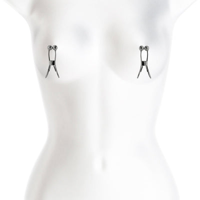 White mannequin torso displaying a pair of Bound C1 adjustable metal nipple clamps with soft silicone tips.