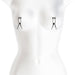 White mannequin torso displaying a pair of Bound C1 adjustable metal nipple clamps with soft silicone tips.
