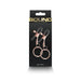 Rose gold adjustable nipple clamps with black silicone tips and rings, displayed in black packaging with gold lettering.
