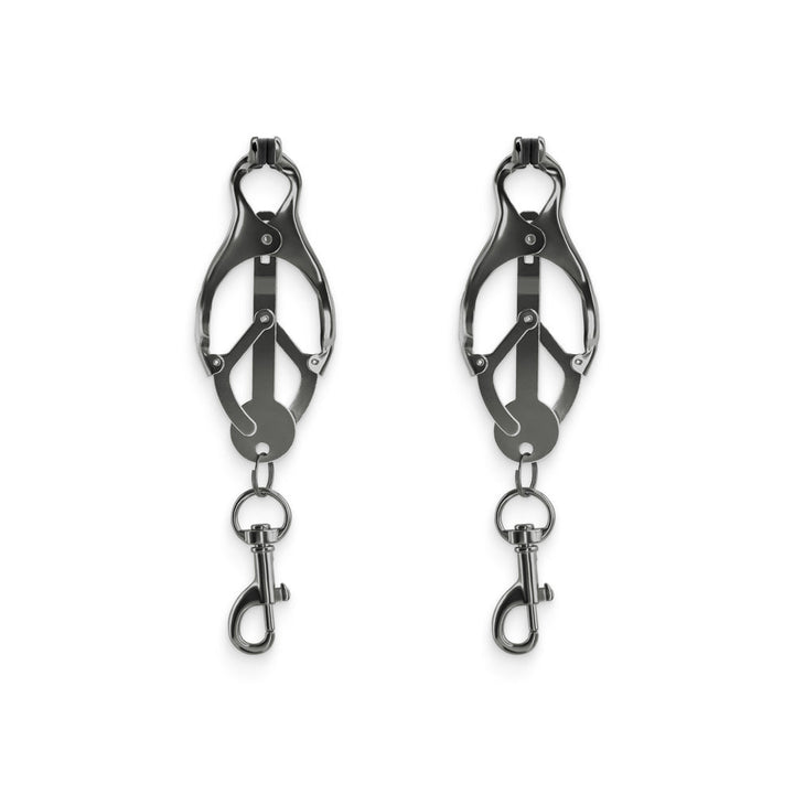 Pair of gunmetal adjustable nipple clamps with silicone tips and attached swivel clips on a white background.