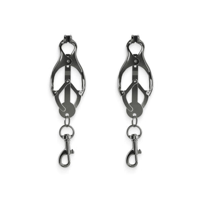 Pair of gunmetal adjustable nipple clamps with silicone tips and attached swivel clips on a white background.