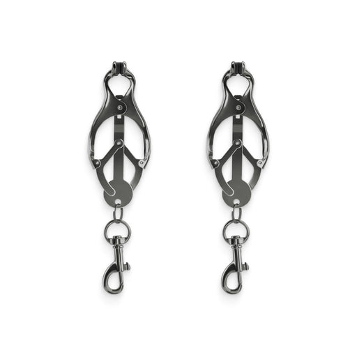 Pair of gunmetal adjustable nipple clamps with silicone tips and attached swivel clips on a white background.