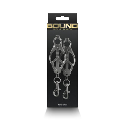 Bound C3 adjustable gunmetal nipple clamps with silicone tips in black packaging by nsnovelties.