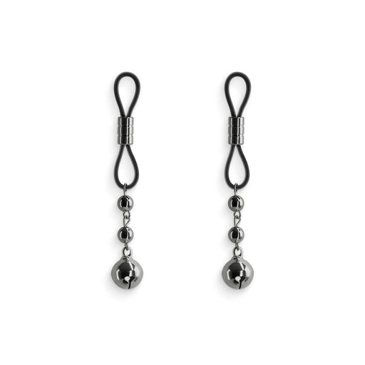 Pair of gunmetal Bound D1 adjustable nipple clamps with black silicone loops and dangling metal beads on white background.