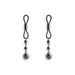 Pair of gunmetal Bound D1 adjustable nipple clamps with black silicone loops and dangling metal beads on white background.