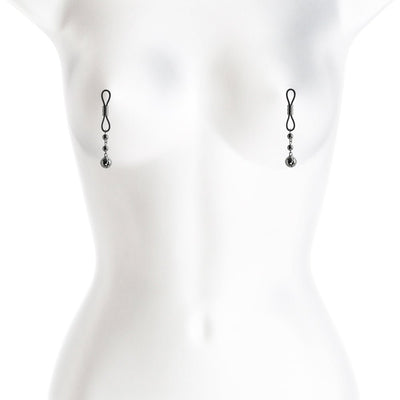Gunmetal adjustable nipple clamps with dangling beads displayed on a white mannequin torso.