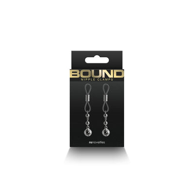 Bound D1 gunmetal adjustable nipple clamps with chain and ball design in black and gold packaging.