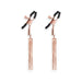 Pair of rose gold adjustable nipple clamps with black silicone tips and delicate chain tassel accents.