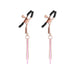 Pair of rose gold adjustable nipple clamps with black silicone tips and pink decorative chains.