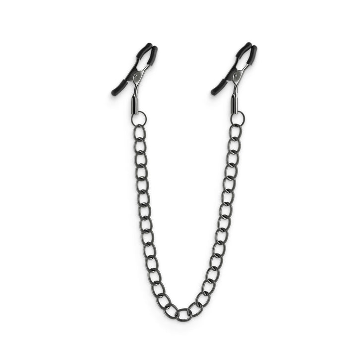 Gunmetal adjustable nipple clamps connected by a linked metal chain with silicone tips for comfort.