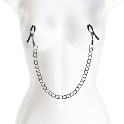 Gunmetal adjustable nipple clamps connected by a chain displayed on a white mannequin torso.