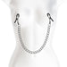 Gunmetal adjustable nipple clamps connected by a chain displayed on a white mannequin torso.
