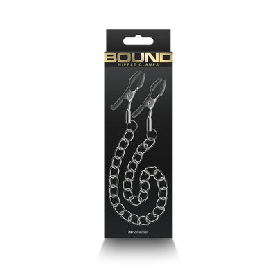 Bound DC2 gunmetal adjustable nipple clamps with silicone tips and connecting chain in black and silver packaging.