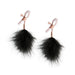 Rose gold adjustable nipple clamps with soft silicone tips and black feather accents for gentle sensory play.