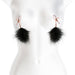 Rose gold adjustable nipple clamps with soft silicone tips and black feather accents on a white mannequin torso.