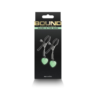 Bound G3 gunmetal adjustable nipple clamps with glow-in-the-dark heart charms in black packaging