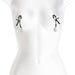 Gunmetal adjustable nipple clamps with soft silicone tips and heart-shaped charms on a white mannequin torso.