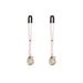 Pair of rose gold adjustable nipple clamps with black silicone tips and decorative round accents.