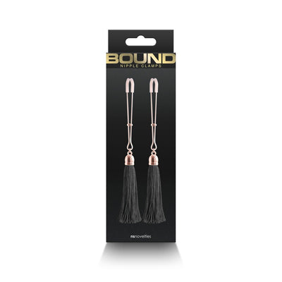 Bound T1 adjustable nipple clamps with black tassels and rose gold metal accents in black packaging.