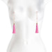 Rose gold adjustable nipple clamps with soft silicone tips and pink tassel accents displayed on a white mannequin torso.