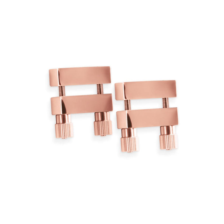 Pair of rose gold adjustable nipple clamps with smooth silicone tips and screw tension control on white background.