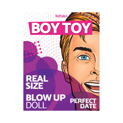 Illustrated packaging of Boy Toy real size inflatable male doll with bright colors and bold text.