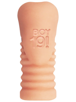 Beige textured Boy 19! Teen Twink Stroker with ergonomic grip and embossed logo on a white background.