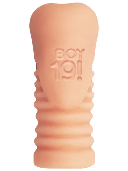 Beige textured Boy 19! Teen Twink Stroker with ergonomic grip and embossed logo on a white background.