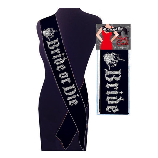 Black Bride or Die sash with silver glitter text and bouquet graphic, shown on mannequin and in packaging.